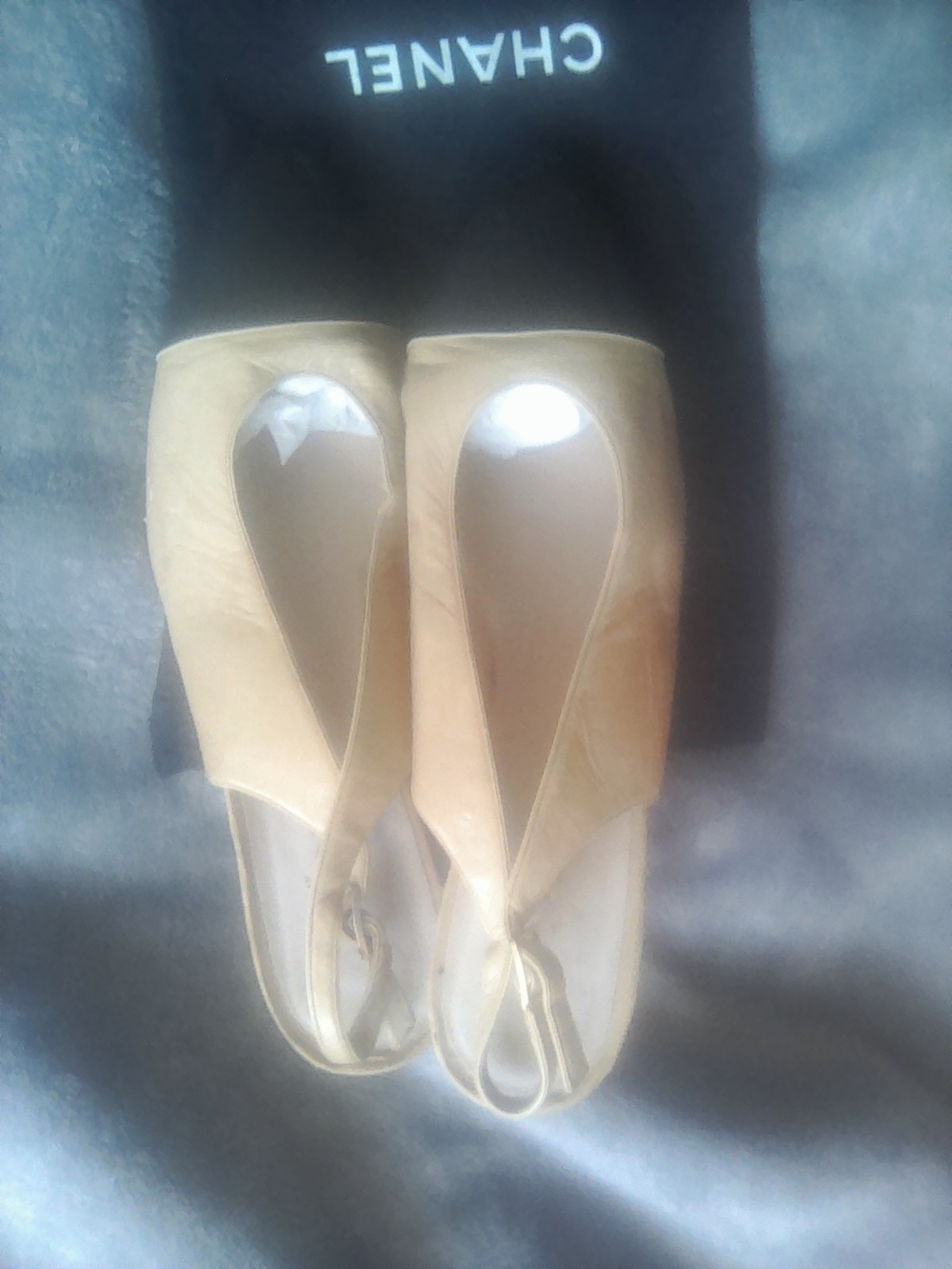 Authentic Chanel Tan & Navy Leather Slingback Heels  Best Reasonable Offers